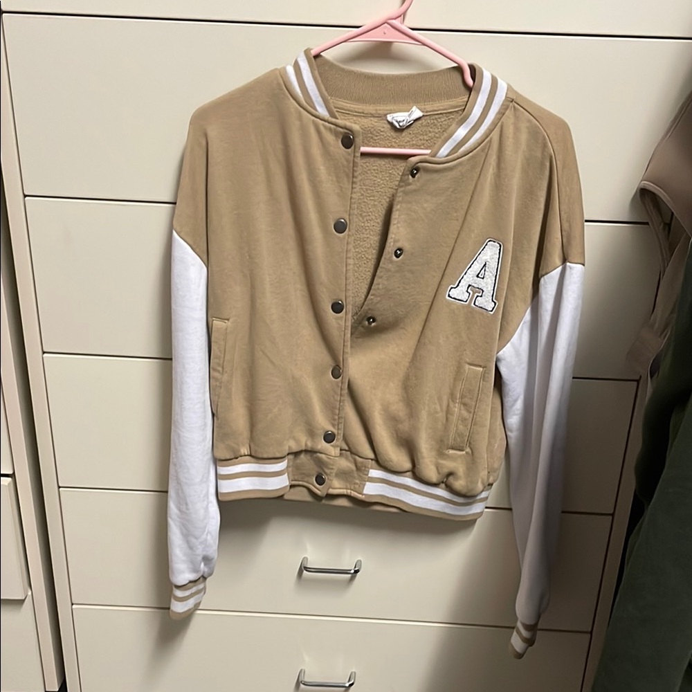 Tan and White Varsity Jacket with Letter A